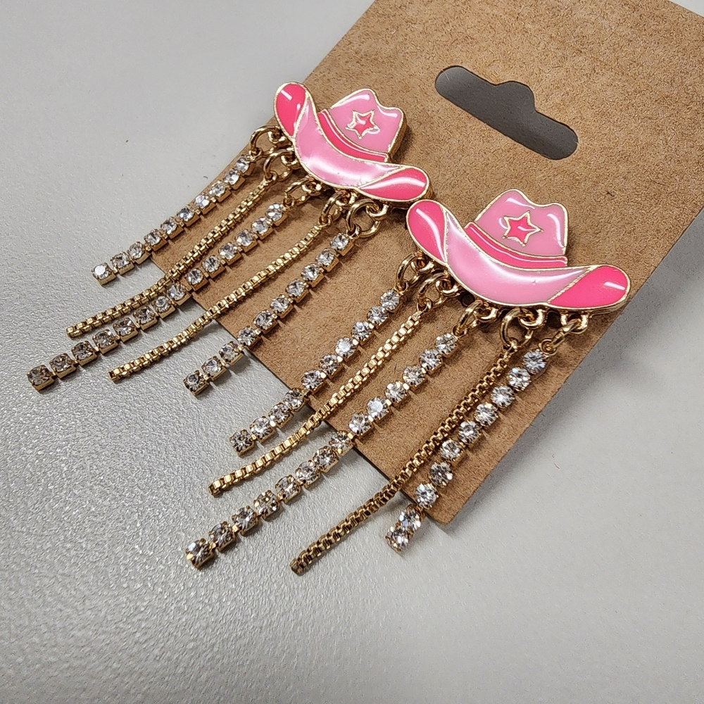 Pink Enamel Cowgirl Hat Earrings Rhinestone Tassels & Gold Chain Fringe Western - Picture 3 of 7